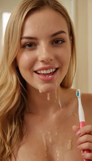 The woman stood in the bathroom, holding a toothbrush with cum on it, ready to make her fantasy come true