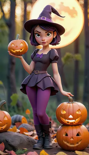 Uma menina de fantasia de bruxa bonito com cabelo reto curto, olhos castanhos grandes e segurando um jack-o-lantern está sorrindo e olhando para a câmera