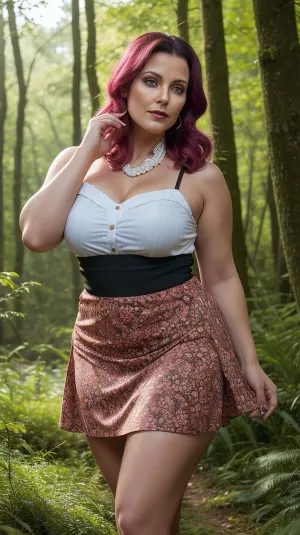 A stunning photo of a curvy woman in a forest, captured in 4K ultra-detail with high resolution and sharpness, showcasing her beautiful features
