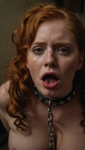 The woman, with her big eyes and sad eyes, was forced to stand naked in the basement. Her pretty pussy was visible through her pale skin. She had huge boobs that were bouncing up and down as she cried out in pain. Her face