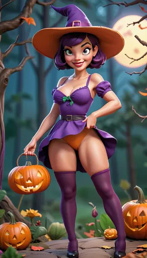 A cute girl in a sexy witch costume with purple stockings and jack-o-lantern was holding a jack-o-lantern, her whole body visible in the image