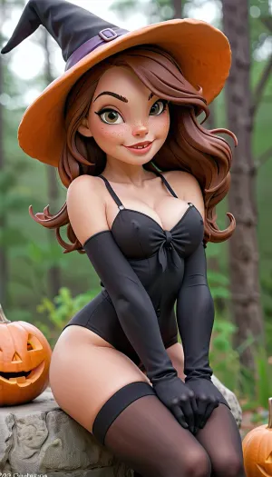 A cute girl wearing a witch costume with stockings and no panties, no skirt, no underwear, sitting on a jack-o-lantern with its stem in her pussy, naked, nude, chrissandersartstyle