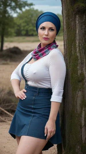 A photo of a curvy woman in a Wasteland, wearing a high-quality ultra-detailed RAW photo with 8k resolution and 4K maximum quality. The photo is in the wasteland, with torn clothes and flashy panties