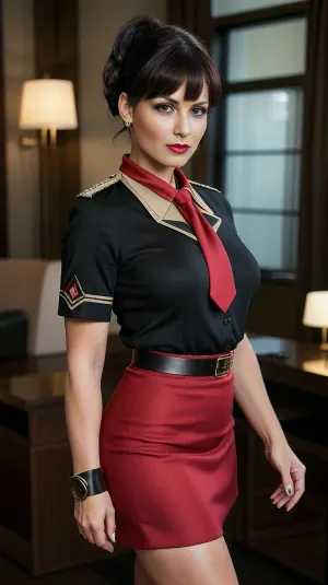 A stunning woman in her 50s with long dark hair and a fit body is depicted in a high-quality pencil skirt, revealing her perfect figure. She wears the latest technology, allowing for an incredibly detailed and realistic representation of the subject