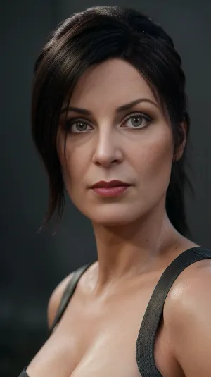 A stunningly detailed image of a 50-year-old woman with long dark hair, high-necked top, and tight pants was taken using the latest 4K ultra-detailed technology