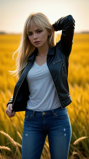 Belén Rodríguez, a 35-year-old woman with a Western Comics score of 9, is pictured in a seductive pose wearing leather jacket and ripped jeans. She has long blonde hair and dim colors in her bedroom. The morning sunlight is