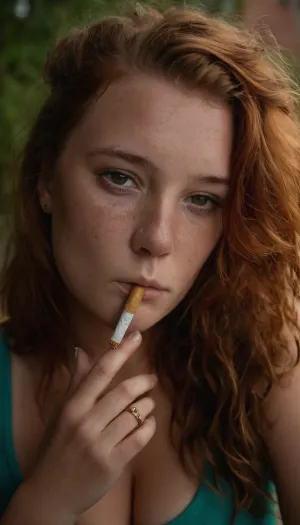 A garota hippie chubby com sardas e aparelho estava fumando um cigarro fora do cinema. Ela tinha olhos perfeitos, visão completa do corpo, olhos castanhos, cabelo bagunçado, peitos saggy, menina brincalhão com