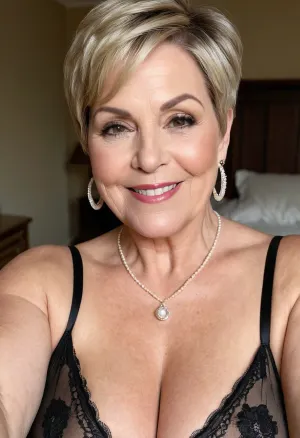 Una donna maturo splendida con un grande occhi neri, lingerie sexy manica lunga, foto selfie, e un paffuto BBW con bellissimi occhi neri e sorriso a maniche lunghe