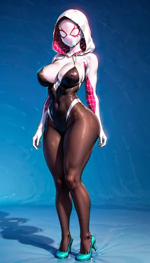 Spider-Gwen posed seductively on a web, showcasing her big breasts and hanging from the web. Her thick thighs and full body view were on display for the camera