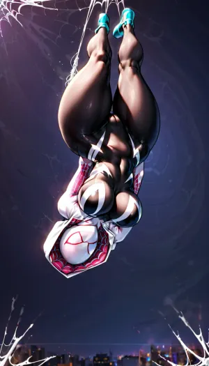 Spider-Gwen, big ass, thick thighs, big breasts, wearing modern costume, masked, huge cleavage, seductive expression, full body view, posing sexily for the camera while hanging upside down from a spider web-line