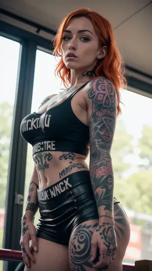 A 20-year-old woman with freckles, glowing heart tattoos, and big breasts is the protagonist of a short story featuring a pornographic story with maximum 5 sentences. She has thick round tits and a shaved pussy, and