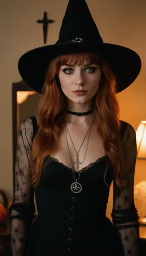 Cadılar Bayramı için bir cadı olarak giyinmiş genç bir kadın, orta uzunlukta ginger saç ve yeşil göz gölgesi. Yüzünde hafif bir smirk var ve gümüş bir boğa detayı ile siyah bir cadı şapka giyiyor. Onun kıyafeti içerir