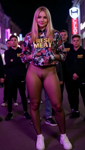 FRESH MEAT" is a dark and seductive goth style pornographic picture featuring a young, attractive woman wearing a tight, sexy goth style graffiti hoodie