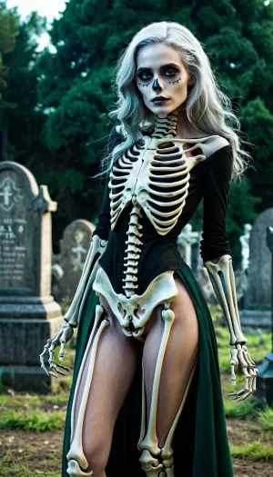 La donna con i dettagli alti e la pelle pallida scarsamente illuminata si trovava di fronte ad una foto di uno scheletro, i suoi occhi smeraldi verdi luminosi che penetravano nelle tenebre. Indossava un vestito bianco che abbracciava perfettamente le sue curve, e la sua snella magra