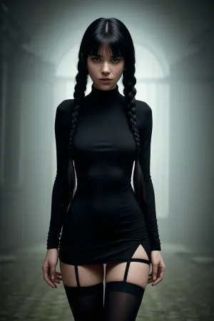 The pretty girl stood in front of the mansion, wearing a white collared shirt and black leggings with Mary Janes. Her raven black hair was pulled back into a high ponytail, revealing her slim figure. She had piercing blue eyes