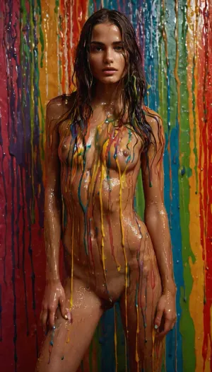 A slim fit naked 20 years old woman with a beautiful narrow torso, drippy melting colors, body and hair entirely covered with lot of flowing multicolored paint. She is painted head to toe with high resolution eyes that are wide open and full of