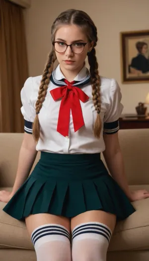 Una giovane donna in un'immagine generata dall'intelligenza artificiale sta avendo un'esperienza allettante con la sua immagine generata dall'intelligenza artificiale, indossando un vestito da marinaio con un arco rosso sul colletto e una gonna a pieghe verde. I suoi capelli sono modellati in due trecce e lei