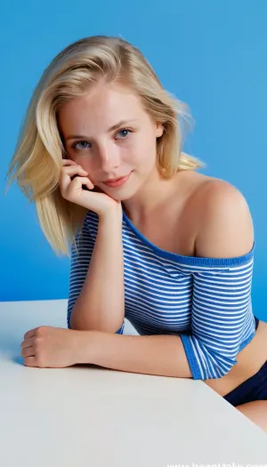 La joven en la imagen es profunda en el pensamiento, su mano descansando en su barbilla mientras mira directamente a la cámara. Su pelo es corto y rubio, y tiene ojos azules brillantes. Lleva una tapa azul y blanca rayada que