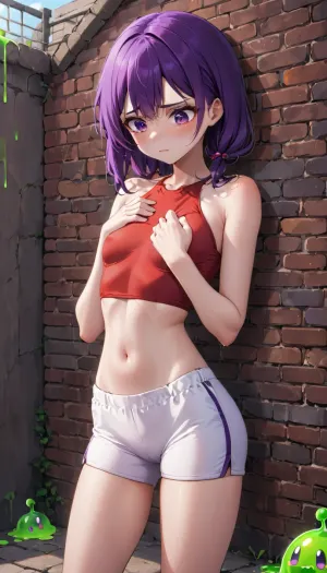 The girl was alone in the room, staring at the wall. She had a flat chest and slim waist, with a small breasts and long legs. Her eyes were looking down, as if she was sad about something. Suddenly, she squeezed her tit
