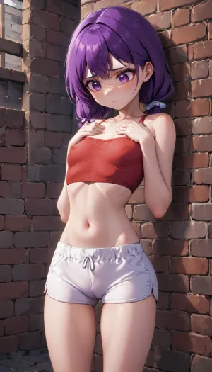 The girl with the purple hair and big eyes was staring at a picture of a sexy 18-year-old girl with big breasts, imagining what it would feel like to touch them instead of just looking at them on a screen