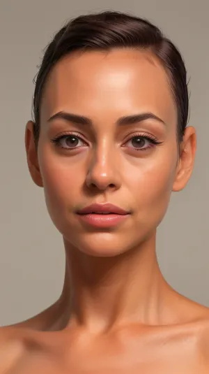 A stunning photorealistic AI-generated photo of a 50-year-old woman with high definition, 8k uhd, complex lighting, solo, 1female, featuring a detailed realistic photo of a beautiful 5 stars forehead and tanned skin