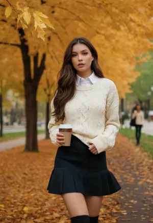一个长着深棕色头发的年轻女子站在一个秋天公园里,拿着一个星巴克咖啡杯,右臂下套着一本书,她穿着一件棕色的有线织毛衣,上面是一件白色的领带衬衫,上面戴着皱袖