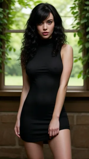 full body portrait, (pretty girl), face forward, (raven black short curly hair color, bangs), serious expression, looking at viewer, ((wearing long-sleeved white crew neck dress with a black collar, white thigh high socks, mary jane shoes)), standing, skinny, petite body, midnight, eerie vibes, creepy mansion, brick, vines, field, fog, mysterious, BREAK, (8k, RAW photo, best quality, masterpiece:1.2), (realistic, photo realistic:1.3), UHD, high detail RAW color photo, sharp focus, (real skin), perfect anatomy, slender, perfectly detailed face and eyes, (cinematic lighting), (moist eyes, moist lips), JS_MaxPubicHair2, pubic, hair, <lora:weight_slider_v2:.5>, <lora:ConicalTits:.5>, <lora:JS_MaxPubicHair_V2:.5>