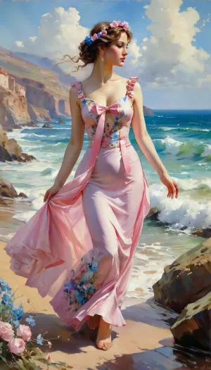 美しいドレスの女性の波と雲、ガーマッシュ、ダニエル・フ・ゲルハーツによる絵画は、アブラム・エフィモヴィッチ・アルホピホフによる美しい絵画に触発されました。 絵画は波と雲と水彩の風景を持っていた、,