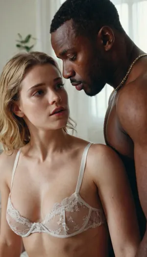 The young white girl lay on her back, legs spread wide as she watched the black man fuck her from behind. She could feel his thick cock sliding in and out of her tight pussy, filling her with pleasure. She reached down to touch herself,