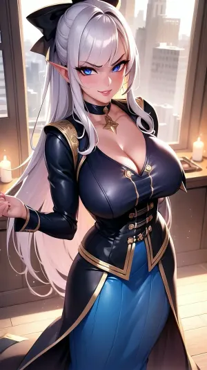 The AI generated porn picture of a beautiful girl with ultra detailed and hyper detailed cinematic lighting, ultra detailed gorgeous face, perfect cheek, pink bow lips, long eyelashes, angry smile, long skirt and blue eyes. She has a large chest with