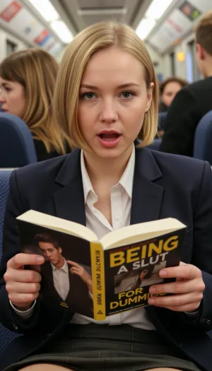 Bir metro vagonunda genç bir kadın "BEING A SLUT FOR DUMMIES" unvanıyla bir kitap okuyordu ve kısa sarışın saçları vardı, heyecan verici yüz ifadesi ve bir okul üniforması giyiyordu