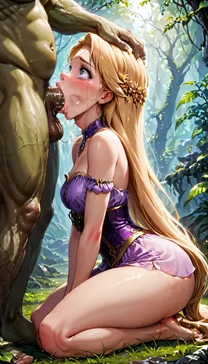 Rapunzel was a young woman with long blonde hair who lived in a world where orcs were known for their ferocity. One day, while out on a walk, she came across an orc who was terrorizing the nearby villages. Without
