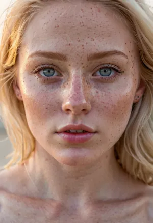 Um retrato hiperrealista de uma menina nua com olhos brilhantes e sardas, olhando para a câmera com um leonsio premiado ultra-detalhado 35mm foto. A imagem é tão afiada que é quase como você pode