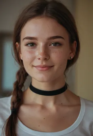 Das junge ukrainische Modell mit Frackles und Dimples lächelte hell, wie sie für die Kamera, ihre Make-up makeup einwandfrei und ihre hellen Augen und vollen Lippen hervorgehoben. Sie trug einen Choker um ihren Hals und fügte ihr jugendliches Aussehen hinzu. Ihr Haar