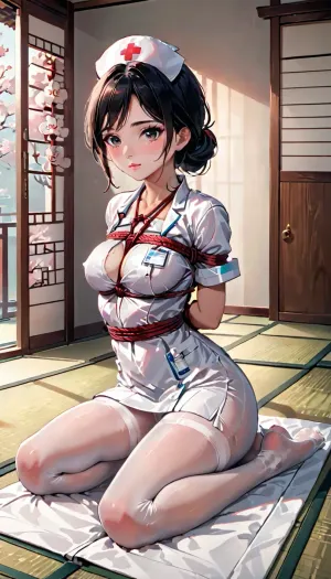 A enfermeira sentou-se no tapete tatami, suas mãos amarradas atrás de suas costas com corda shibari. Ela usava um chapéu de enfermeira do corpo inteiro e estava usando um shibari sobre roupas que abraçavam suas curvas perfeitamente. Seus olhos estavam fechados enquanto ela se sentava