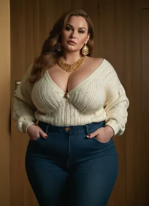 La belleza rusa con un gran pendiente y grandes caderas estaba posando seductoramente en su suéter y jeans de gran tamaño. Su foto de cuerpo completo mostró sus caderas anchas, los muslos gruesos y los pechos llenos. Tenía un gran pendiente en un oído y