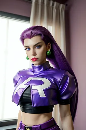 Jessie, the notorious Team Rocket member, stood in front of a mirror admiring her new crop top and earrings. She had slicked back her hair and applied a generous amount of makeup to enhance her features. The picture was taken with a