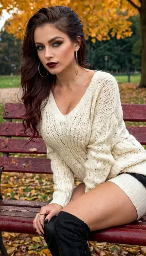 Uma mulher bonita em uma blusa branca sexy e saltos altos pretos senta-se em um banco no parque, sua imagem alternativa atraindo atenção e virando cabeças. Tem pele realista, olhos verdes grandes, lábios perfeitos e seios naturais. Seu cabelo preto esguichado