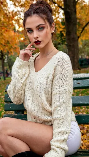 Uma mulher em seus 40 anos, com um corte de cabelo preto e perfurando olhos verdes, senta-se em um banco em um parque. Ela está usando uma roupa alternativa que inclui uma camisola branca e jeans preto. Seu cabelo preto longo desigual cai