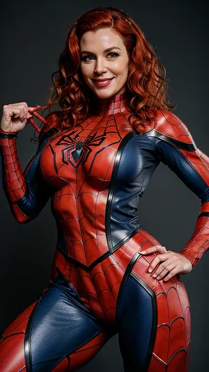 Una donna di 45 anni con i capelli ricci e la costruzione muscolare era in posa in un costume rosso Spider-Man, che la fa sembrare un vero supereroe. La sua posa era sexy e provocatoria, facendola sembrare un vero supereroe
