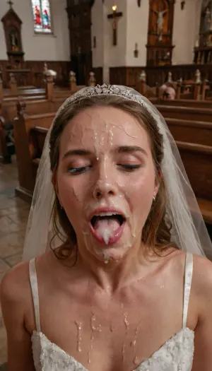 Una donna in un abito da sposa con sperma sulla fronte e la bocca aperta è raffigurata in una chiesa, indossando un corpo pieno colpo di donna felice indossando abito da sposa con sperma sulla fronte e bocca aperta