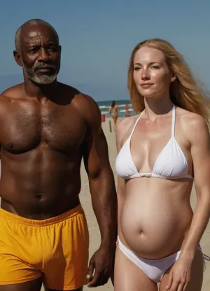 La pareja, un hombre alto y musculoso africano y su hermosa esposa rubia, estaban caminando en la playa cuando vieron un grupo de mujeres bikini-clad. Se acercaron a ellos y preguntaron si querían unirse en su sesión de fotos del grupo de bimbo