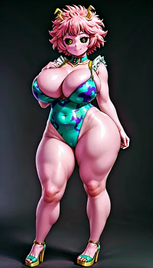 Mina Ashido, der kurvige und üppige Protagonist von My Hero Academia, ist eine verführerische Frau mit großen Brüsten und einem dicken Oberschenkel. Sie liebt es, ihren Körper in sexy Kostümen und Posen für die Kamera zeigen, verlassen