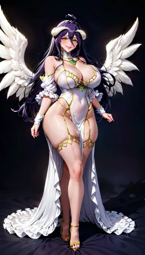 Albedo, l'IA sexy avec gros cul, cuisses épaisses, et gros seins en Overlord, est un personnage séduisant à regarder comme elle pose pour la caméra dans son costume sexy et dialogue