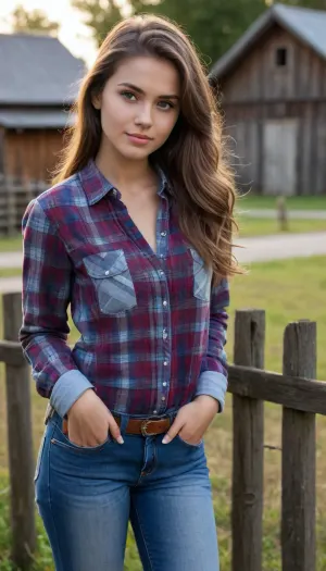 少女は、タータンシャツ、ジーンズ、スニーカーのペアの木製フェンスの背景に対してポーズしています。 彼女は彼女のボーイフレンドのカメラのためにポーズ