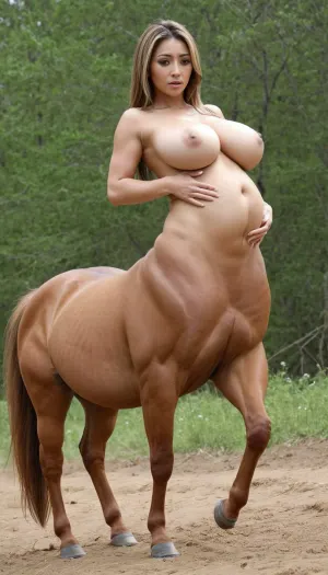 A woman's breasts were so large and saggy that they covered her entire body, including her horse-like dick. She had a massive pregnant belly and was carrying eight children, all of which were supported by her massive tits