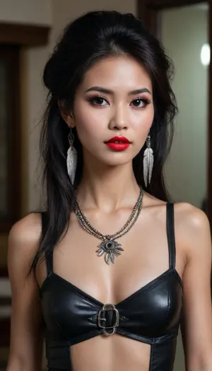 Le Masterpiece est un superbe portrait d'une femme né de l'IA avec un portrait complet du corps et de longs cheveux foncés. Elle a une ombre à paupières asiatique, de longues boucles d'oreilles, des colliers avec beaucoup de boucles, et étroit