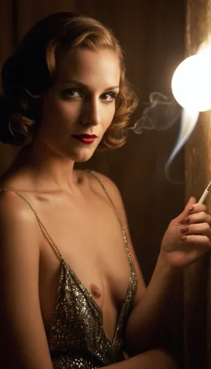 30 year old fashion model in 1930, 1930 fashion, 1930 decor, 1930 hair style, smoking cigarette, amateur snap camera photo, night time dark room, lights off, bad lighting, flash photography, intimate pose, shy smile, c4rp3, light, makeup., smoking, smoke, coming, out, of, the, mouth, <lora:Smoking_Babes_XL_V2:.5>