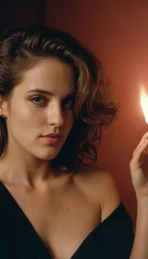 30 year old fashion model in 1990, 1990 fashion, 1990 decor, 1990 hair style, smoking cigarette, amateur snap camera photo, night time dark room, lights off, bad lighting, flash photography, intimate pose, shy smile, c4rp3, light, makeup., smoking, smoke, coming, out, of, the, mouth, <lora:Smoking_Babes_XL_V2:.5>