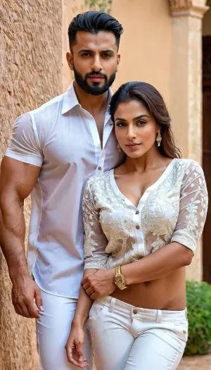 Junaid Khan, 40 anni, in posa con la sua bella giovane moglie di origine indiana, che è 25 anni più giovane di lui. La coppia si vede baciare appassionatamente contro un muro in uno studio e presenta Junaid indossare una camicia di affari arabo indiano e una